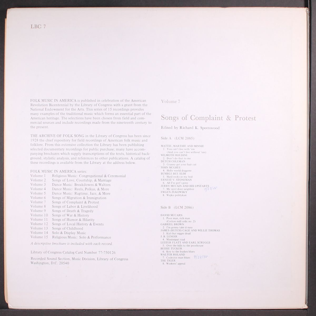 folk music in america, vol. 7; songs of complaint & protest by VARIOUS
