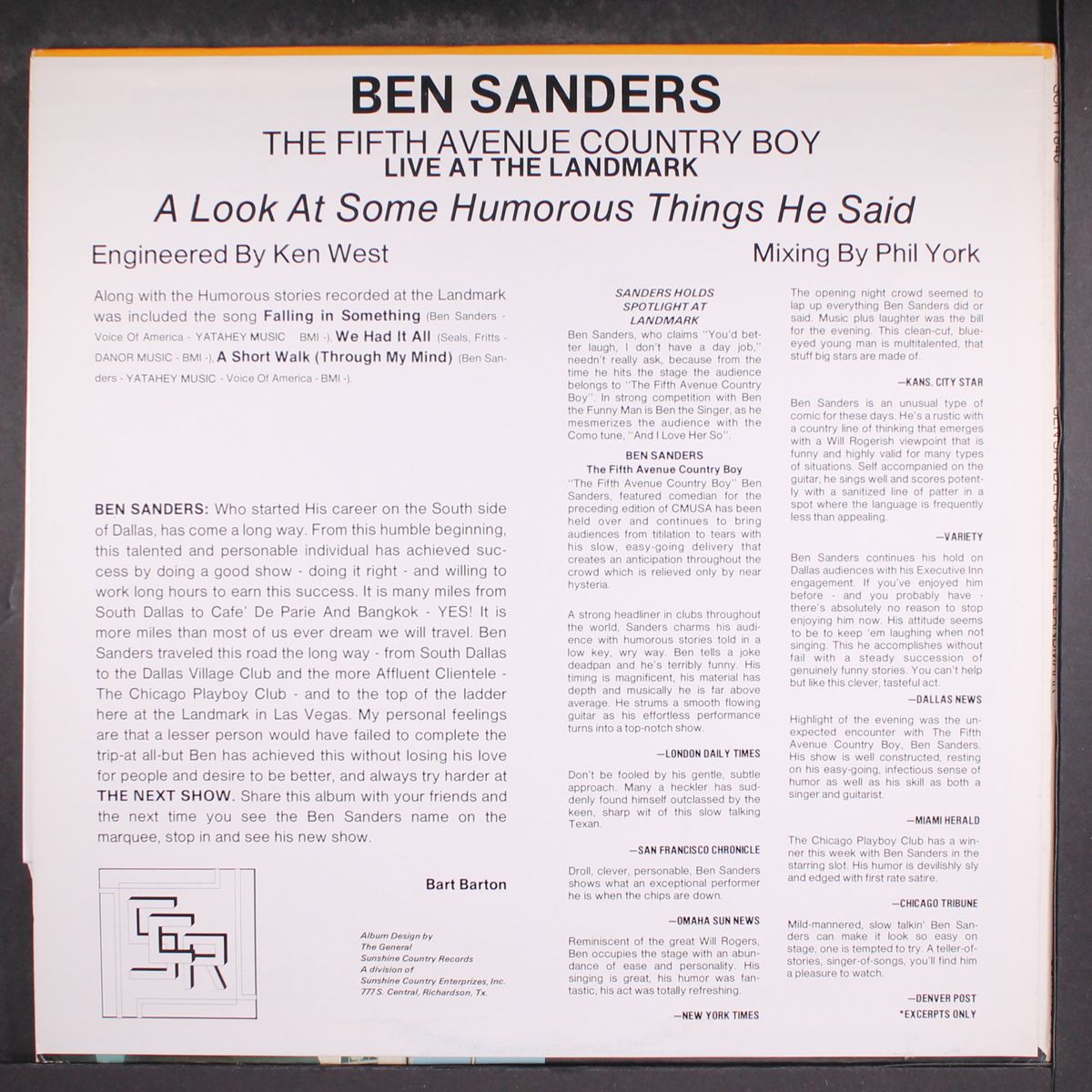 the fifth avenue country boy, live at the landmark by BEN SANDERS