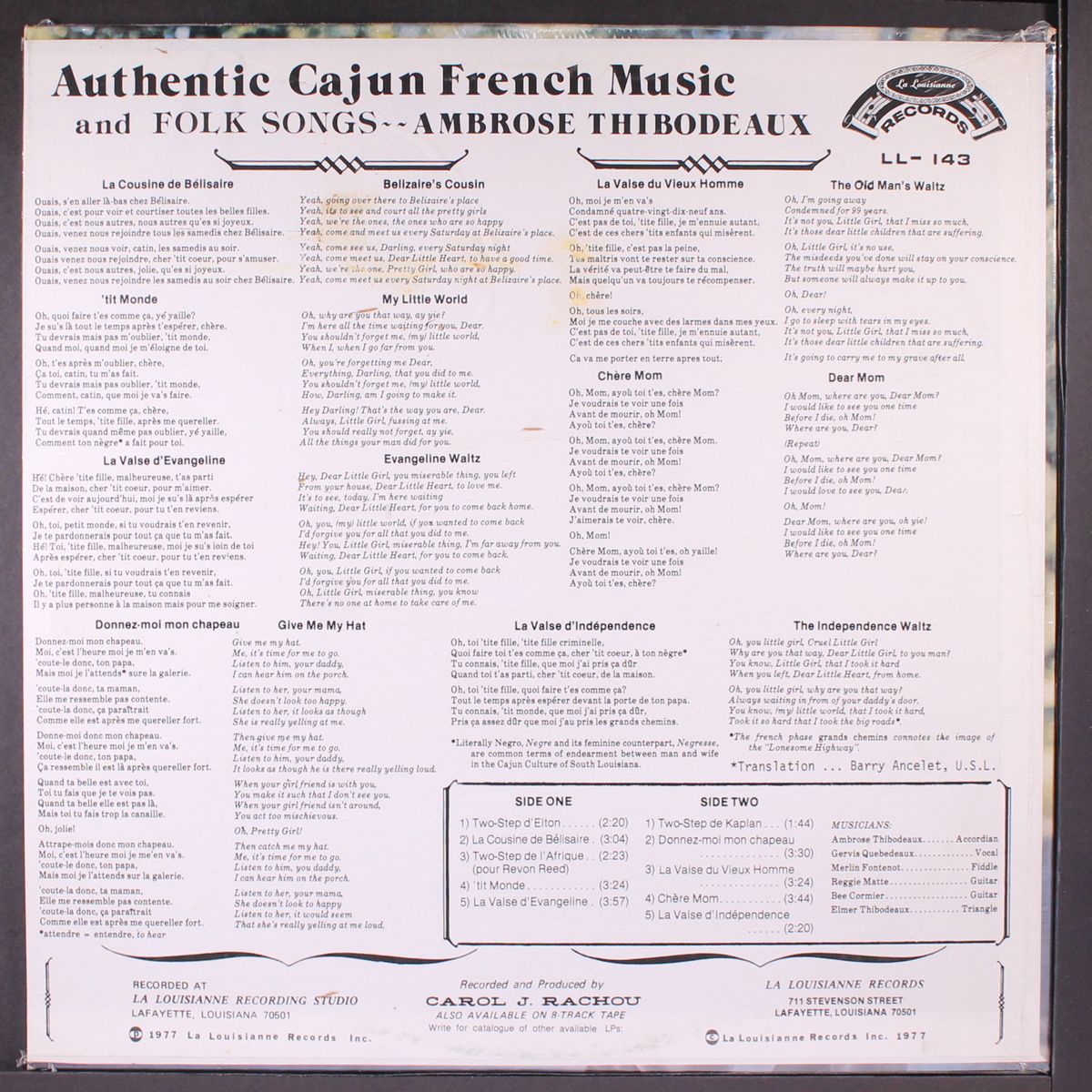 authentic cajun french music & folk songs by AMBROSE THIBODEAUX