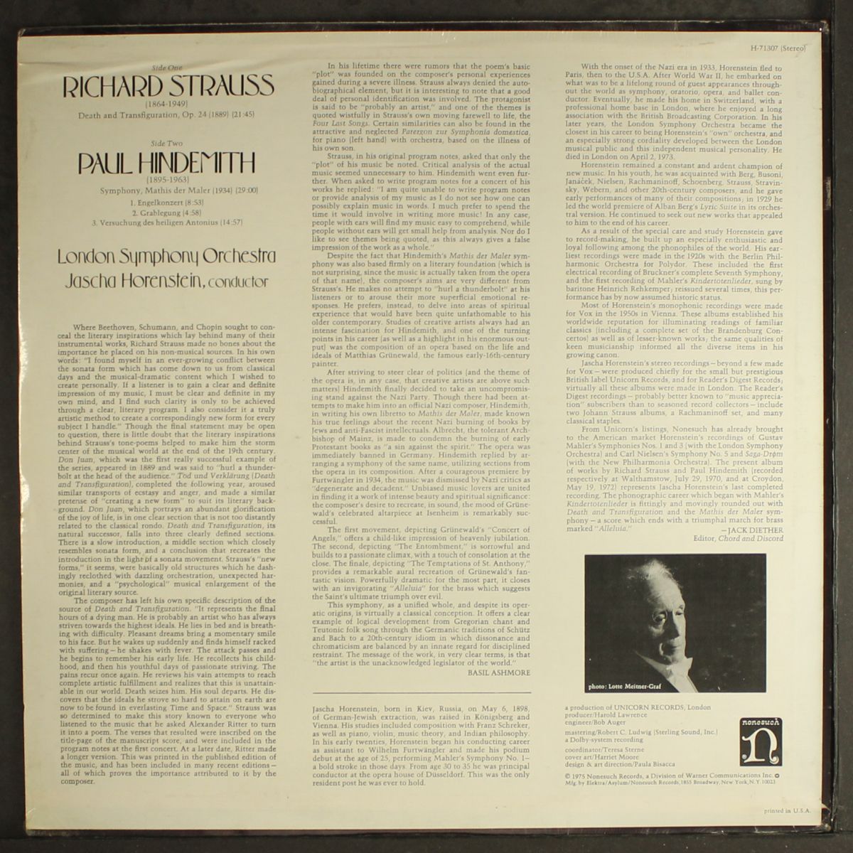 strauss: death & transfiguration / hindemith: symphony, mathis der mal by JASCHA HORENSTEIN