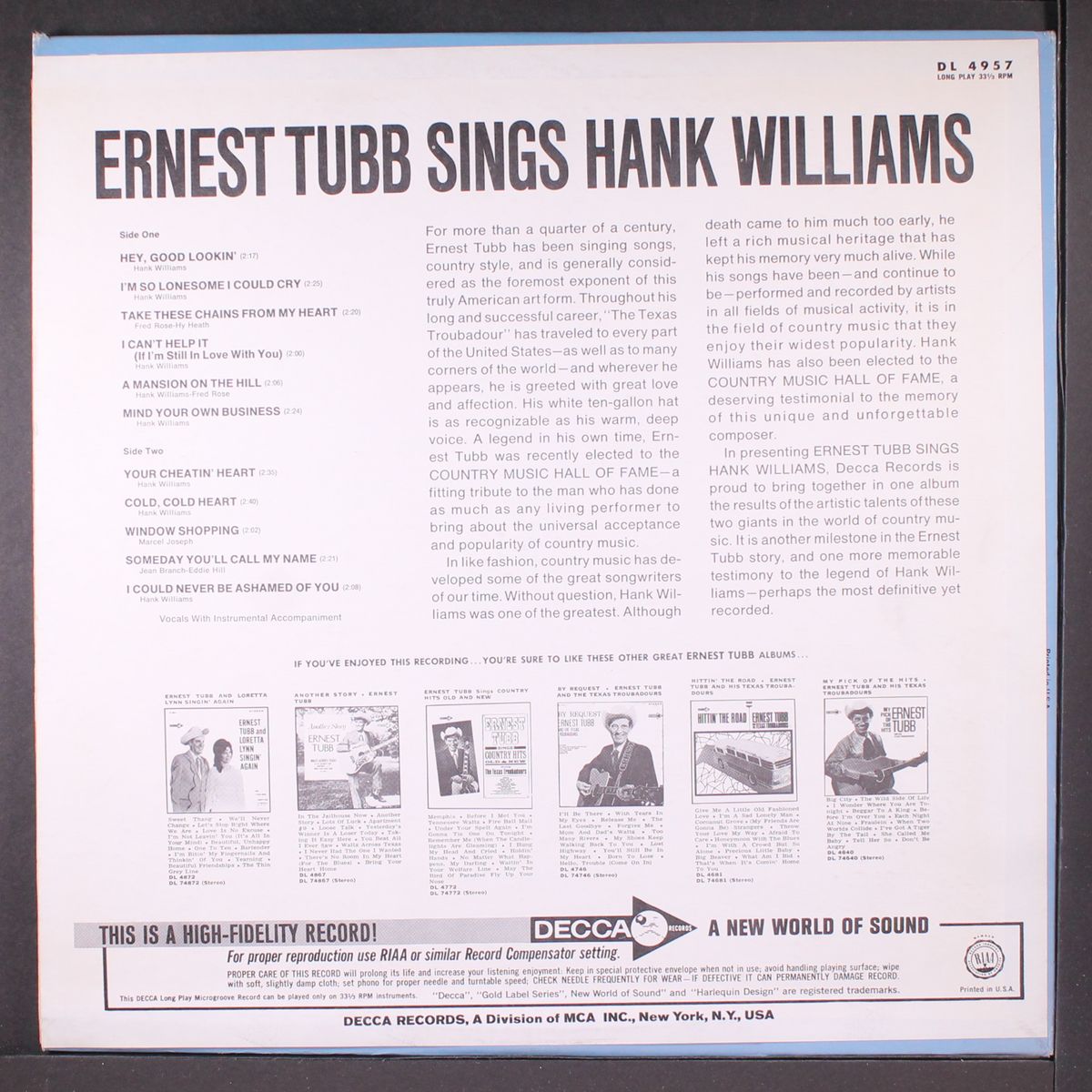sings hank williams by ERNEST TUBB