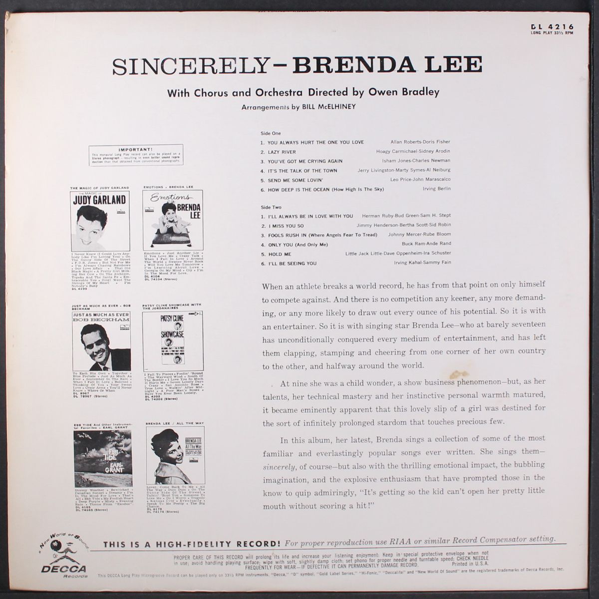 sincerely by BRENDA LEE