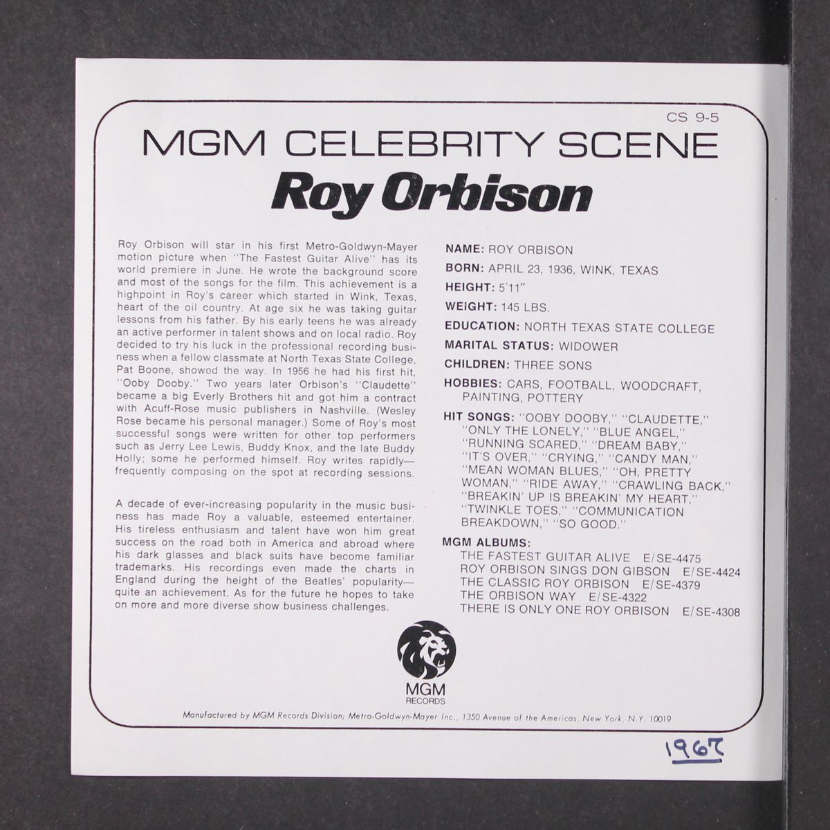 mgm celebrity scene by ROY ORBISON