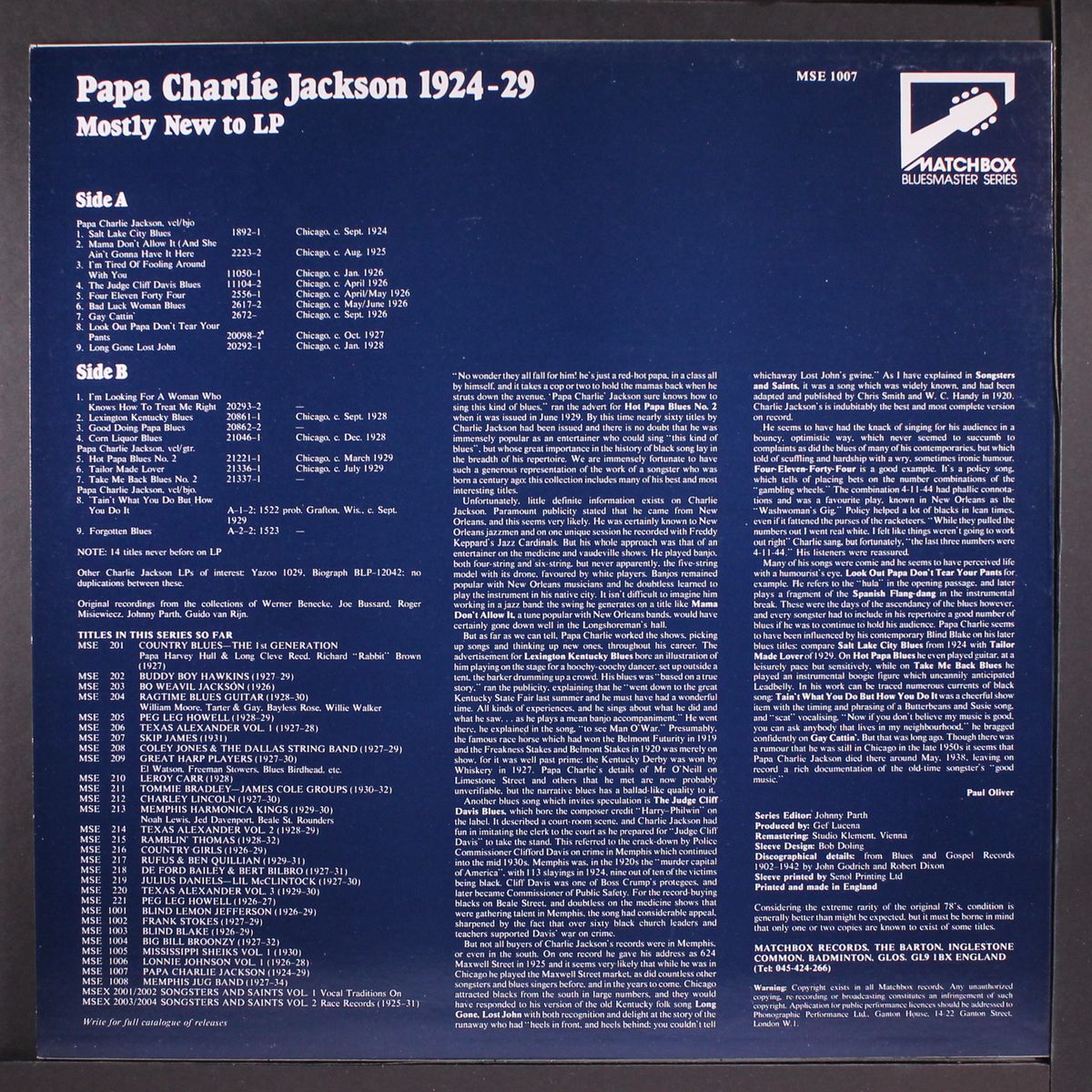 1924-29, mostly new to lp by PAPA CHARLIE JACKSON