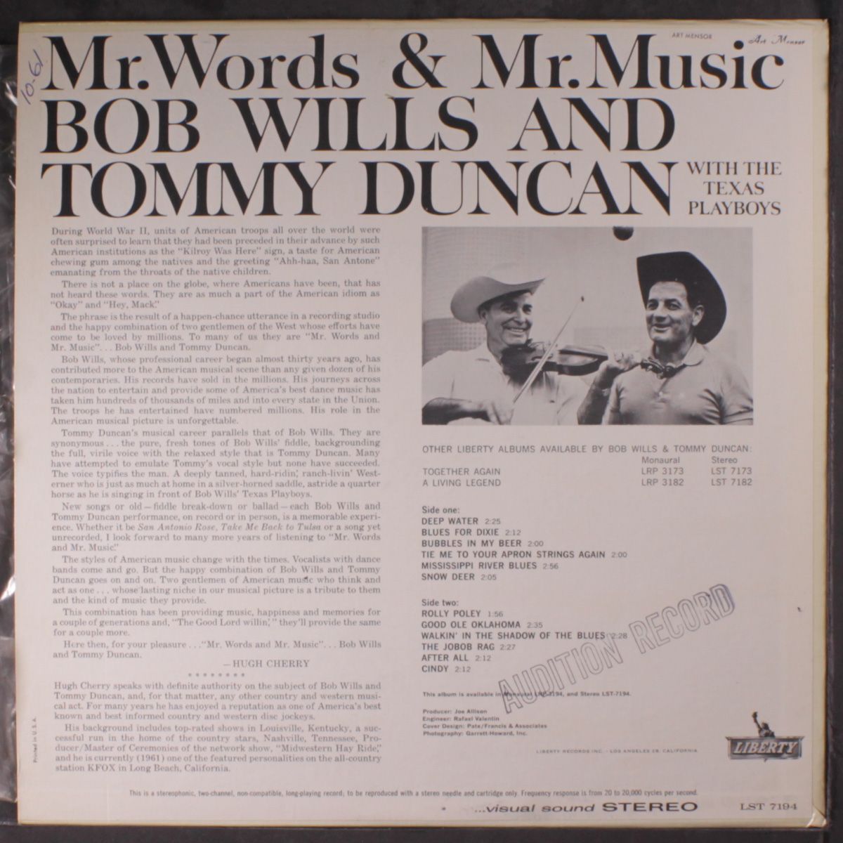 mr. words & mr. music by BOB WILLS & TOMMY DUNCAN