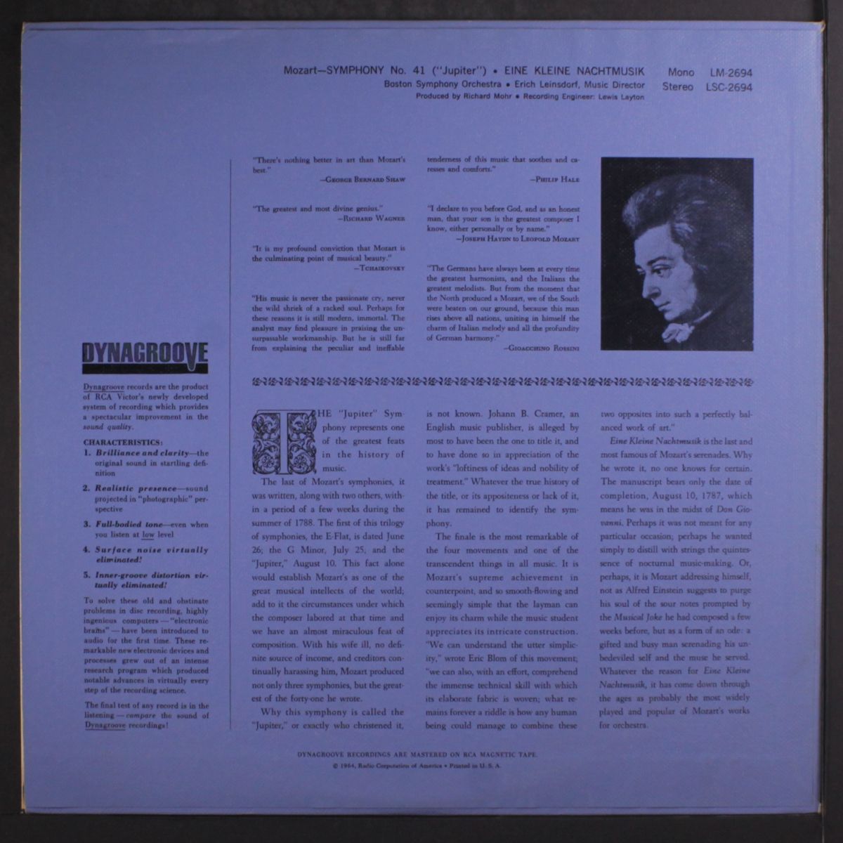 mozart: jupiter symphony, eine kleine nachtmusik by ERICH LEINSDORF
