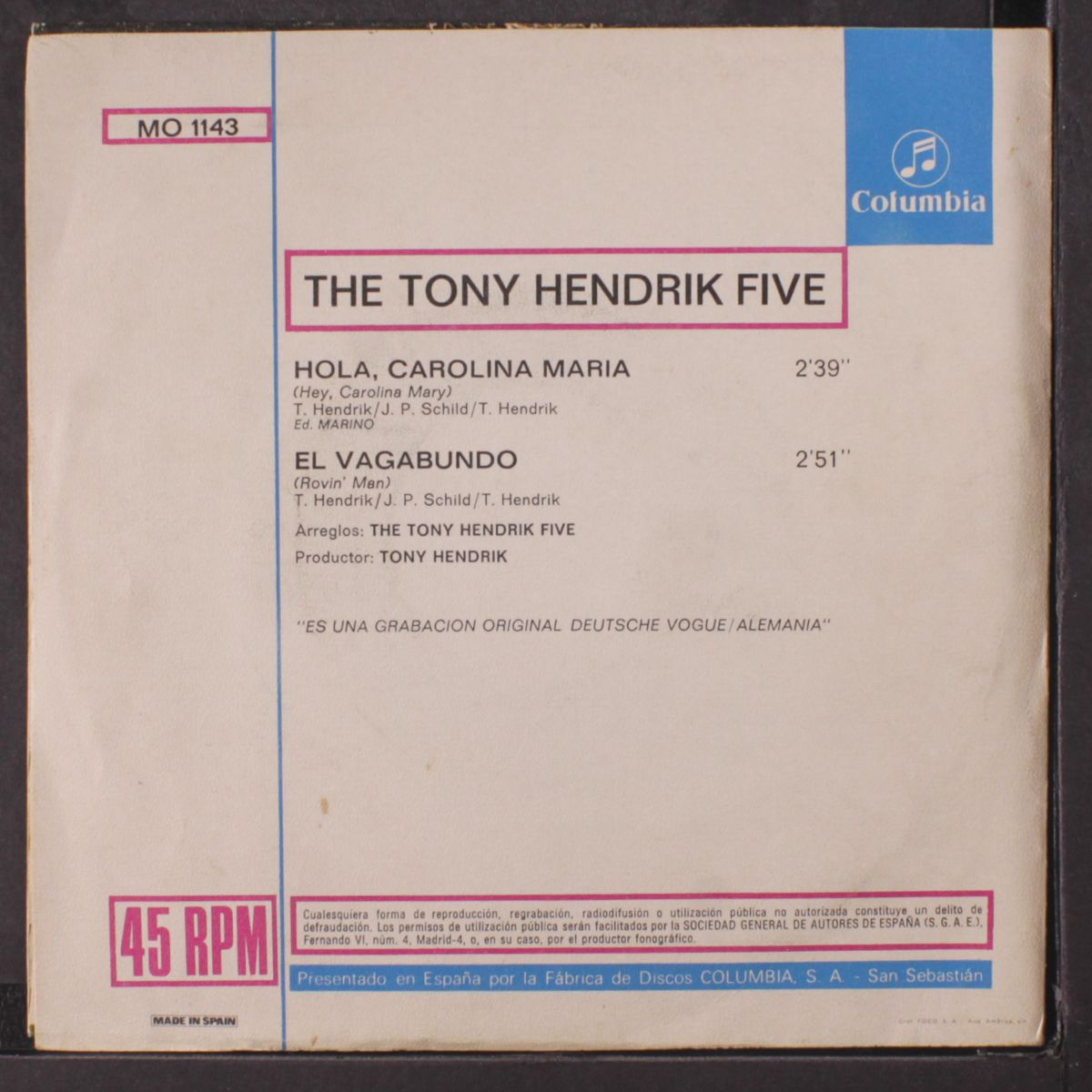 rovin' man / hey, carolina mary by TONY HENDRIK FIVE