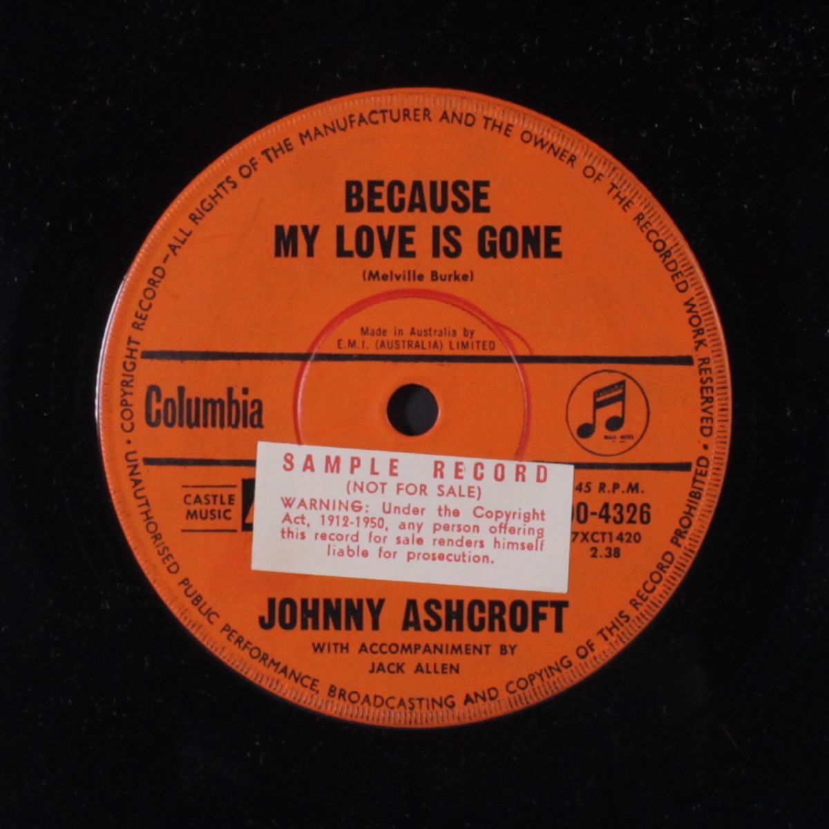 the girl behind the bar / because my love is gone by JOHNNY ASHCROFT