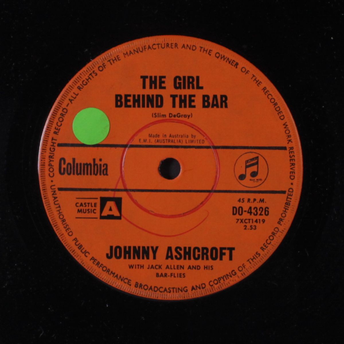 the girl behind the bar / because my love is gone by JOHNNY ASHCROFT