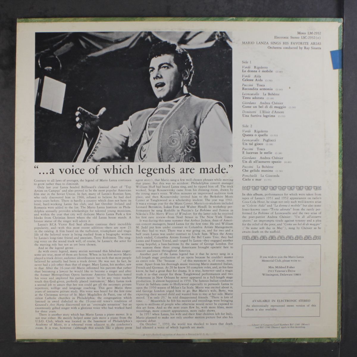 his favorite arias by MARIO LANZA