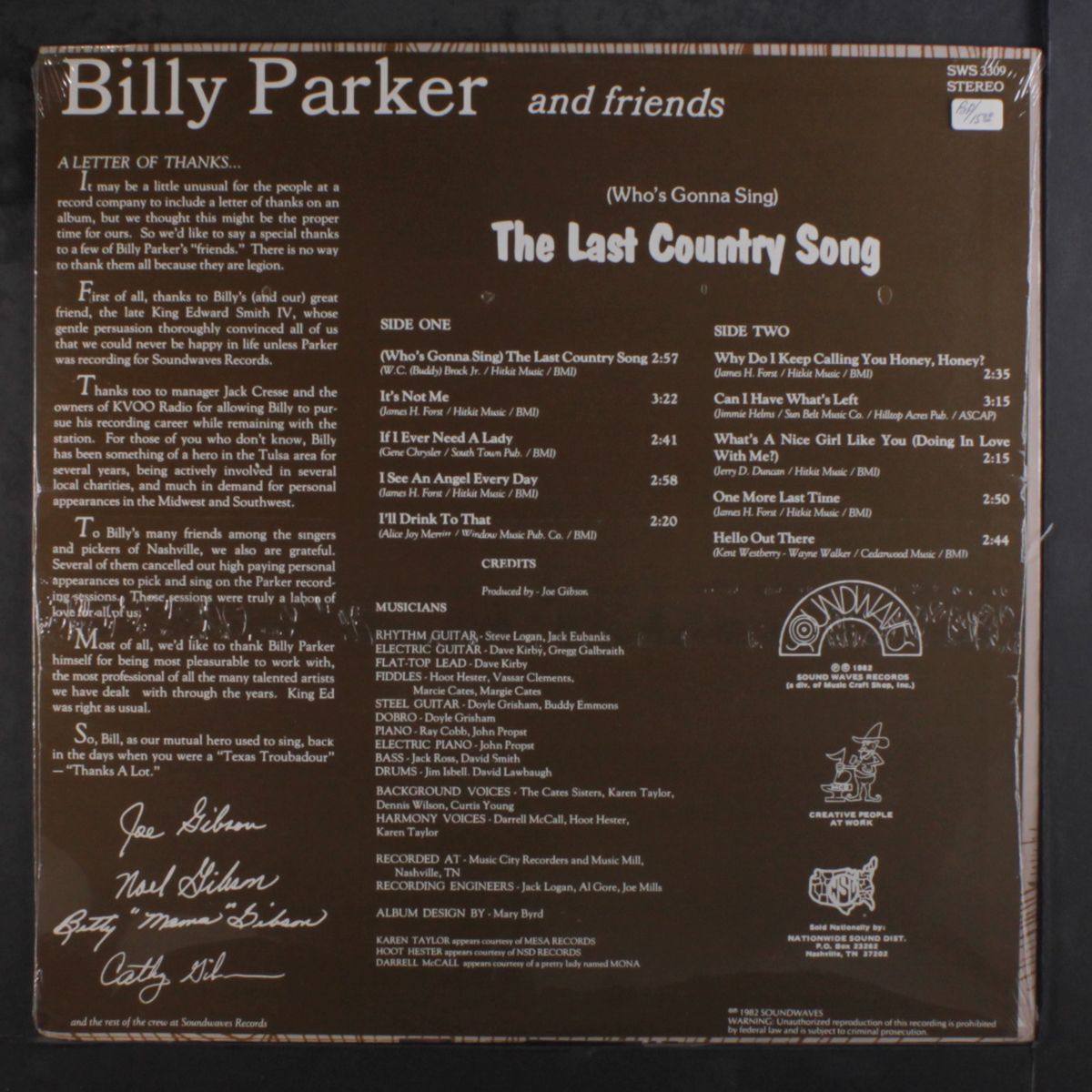 the last country song by BILLY PARKER