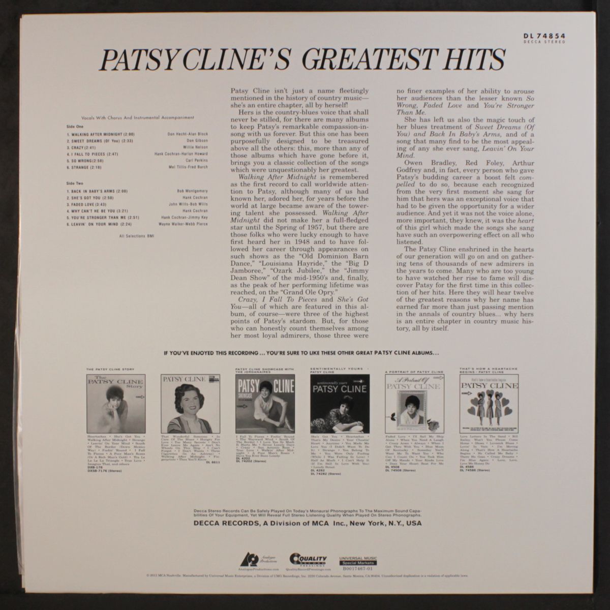 greatest hits by PATSY CLINE