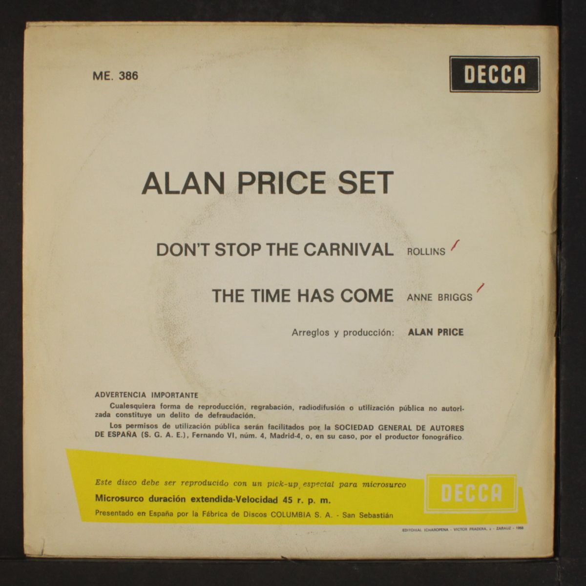 don't stop the carnival / the time has come by ALAN PRICE SET