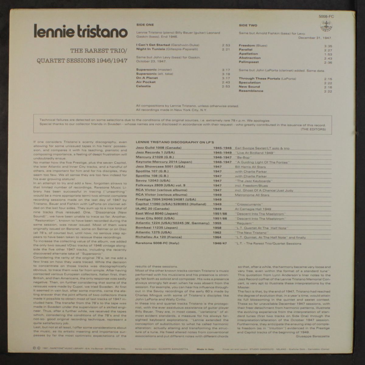 the rarest trio / quartet sessions by LENNIE TRISTANO