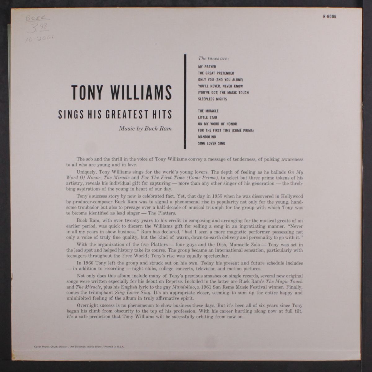 sings his greatest hits by TONY WILLIAMS