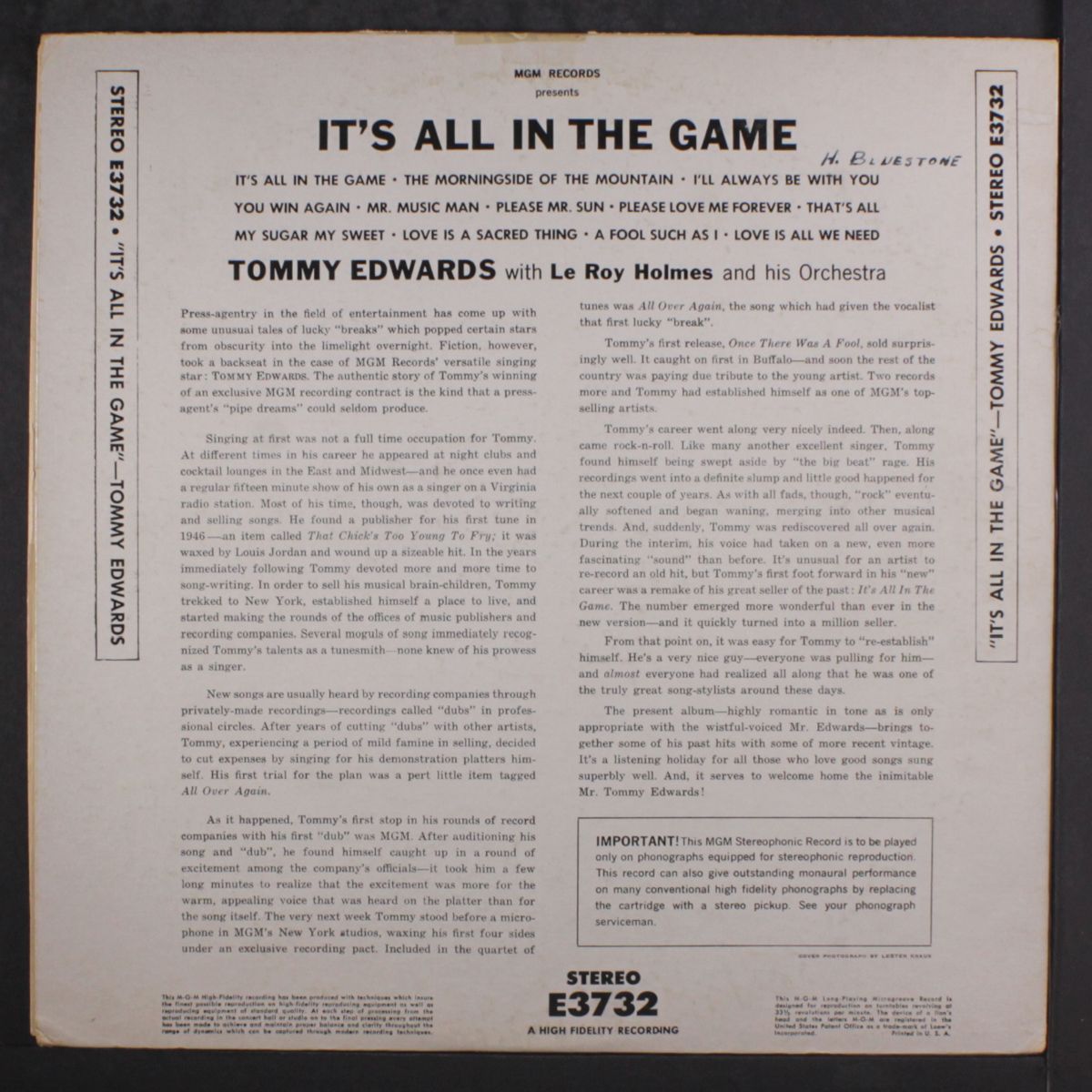 it's all in the game by TOMMY EDWARDS