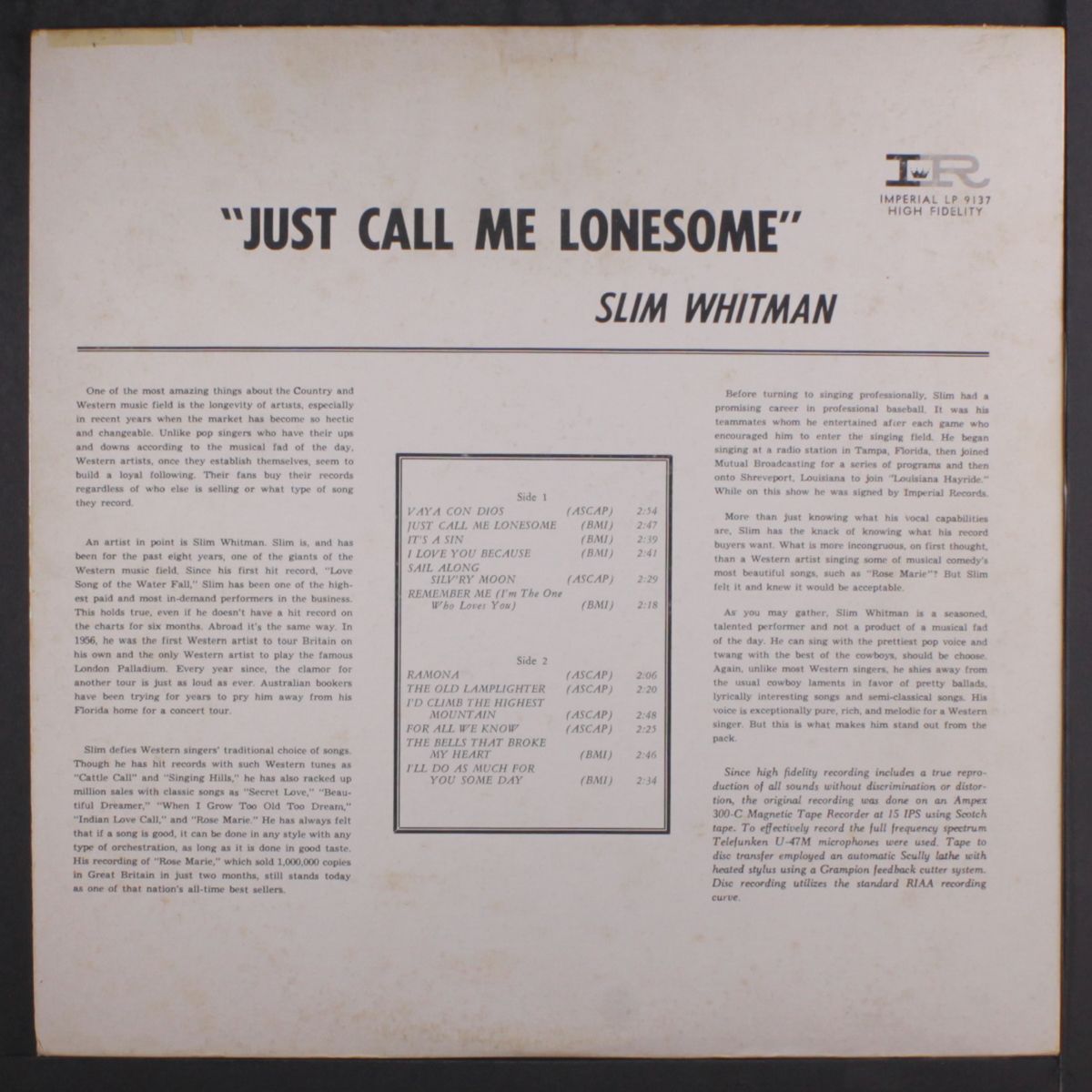 just call me lonesome by SLIM WHITMAN