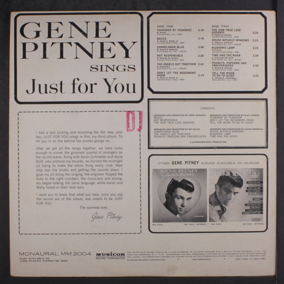sings just for you by GENE PITNEY