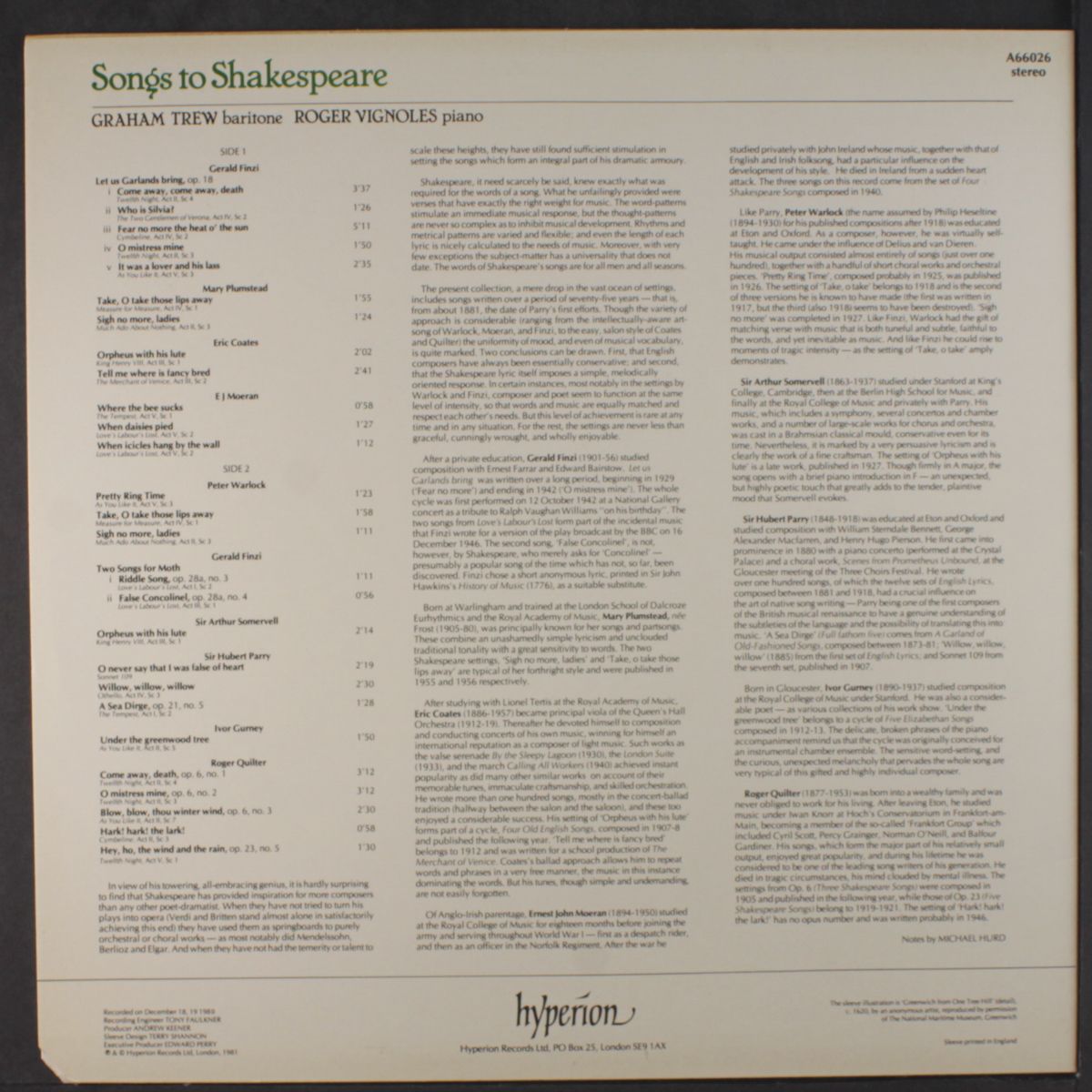 songs to shakespeare by GRAHAM TREW & ROGER VIGNOLES