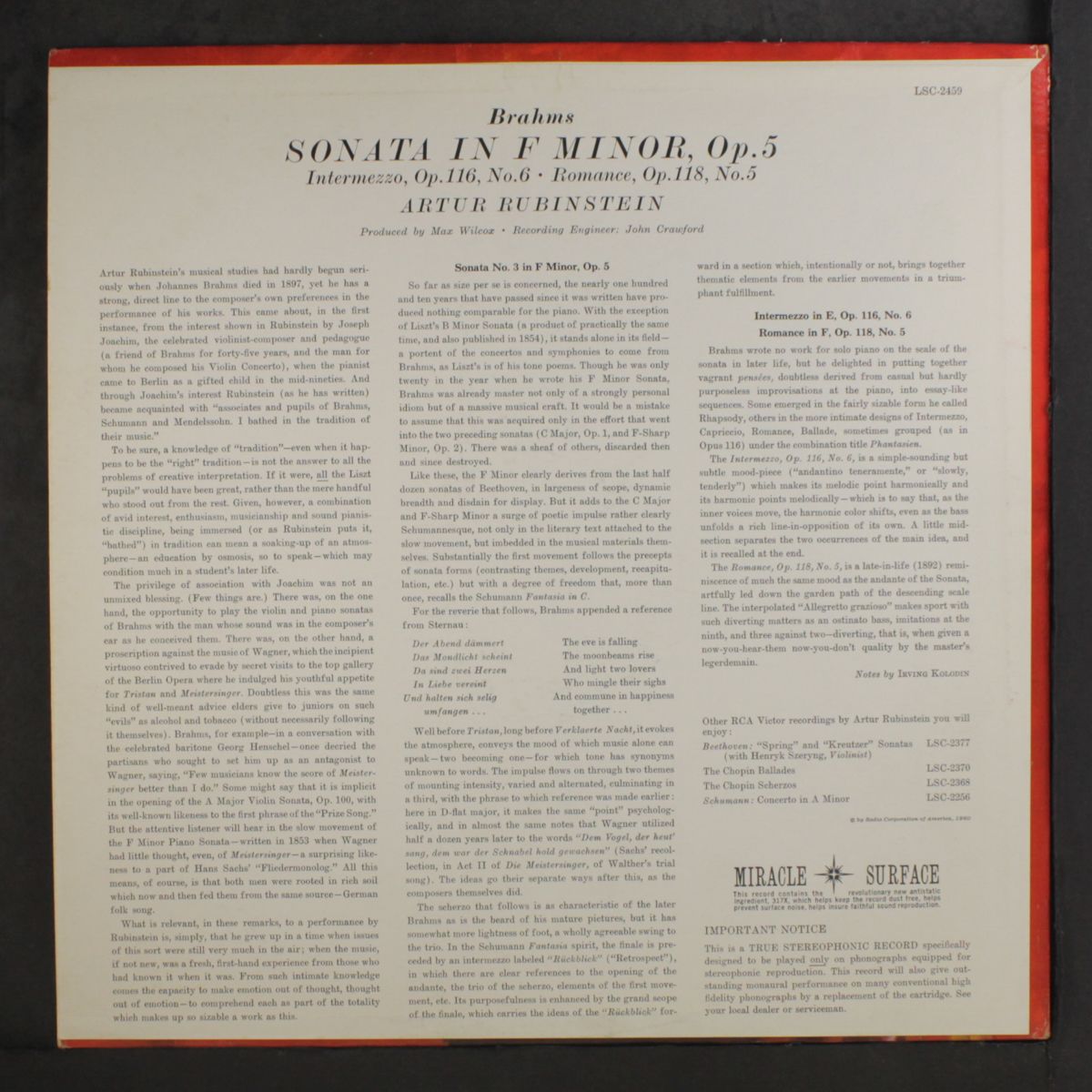 brahms, sonata in f minor by ARTUR RUBINSTEIN