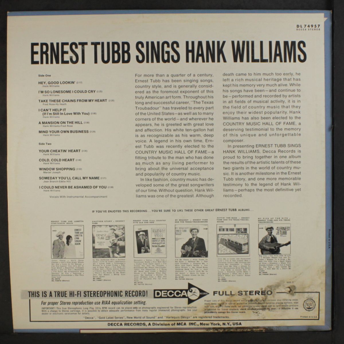 sings hank williams by ERNEST TUBB