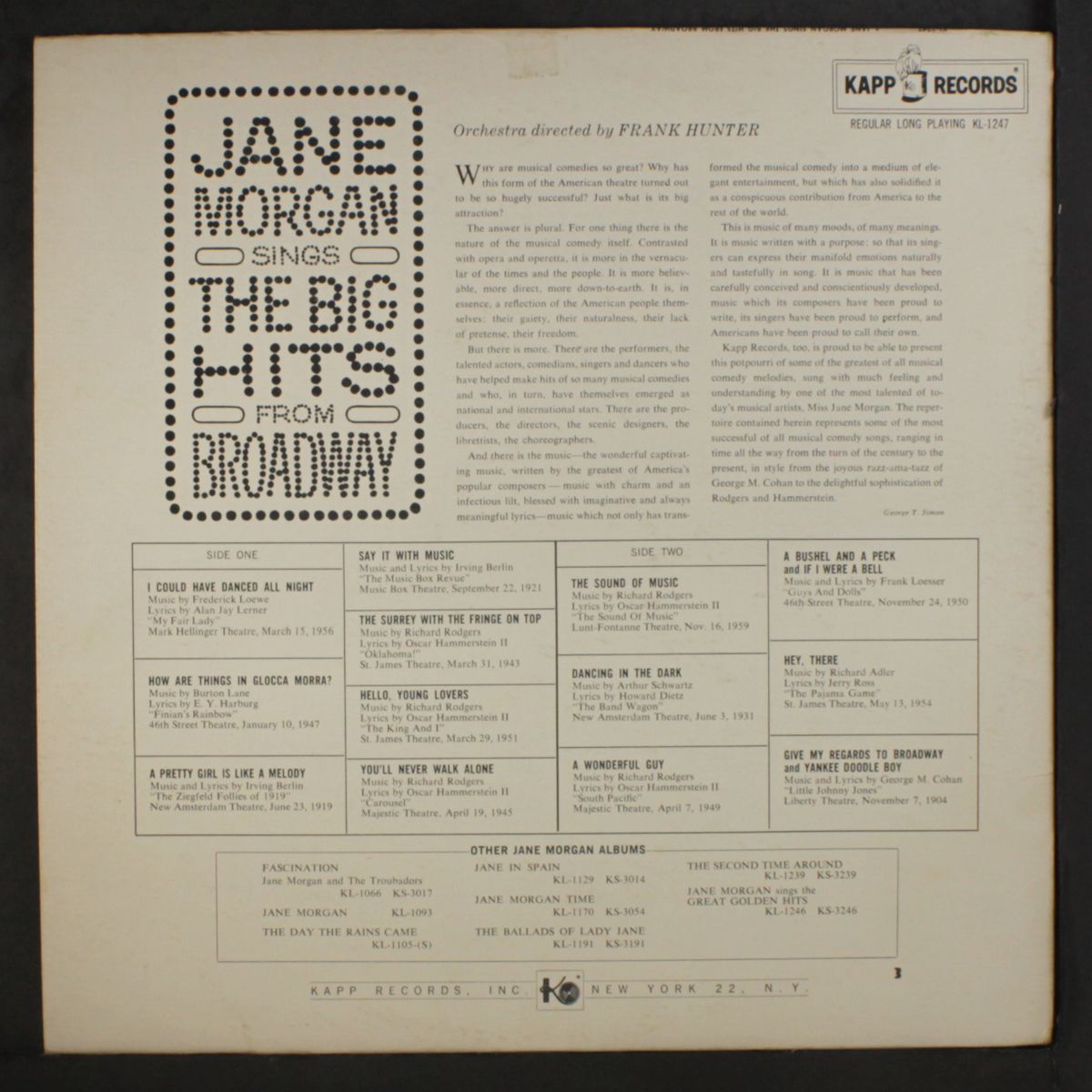 sings the big hits from broadway by JANE MORGAN