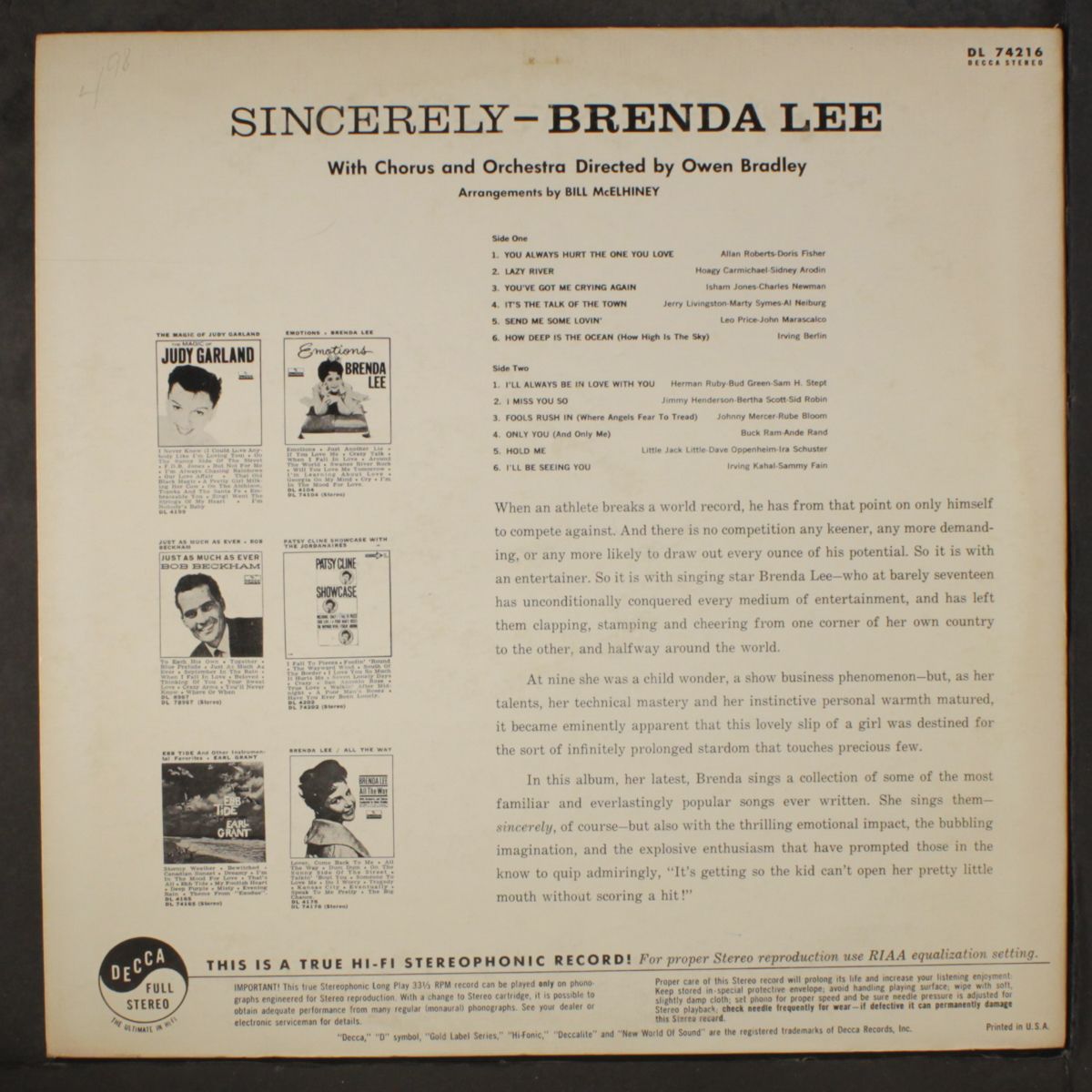 sincerely by BRENDA LEE