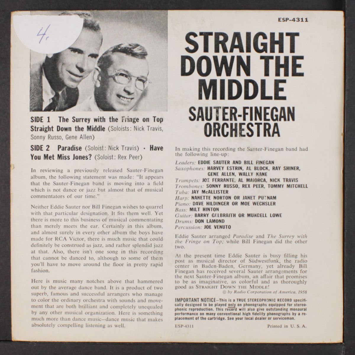 straight down the middle by SAUTER-FINEGAN ORCH