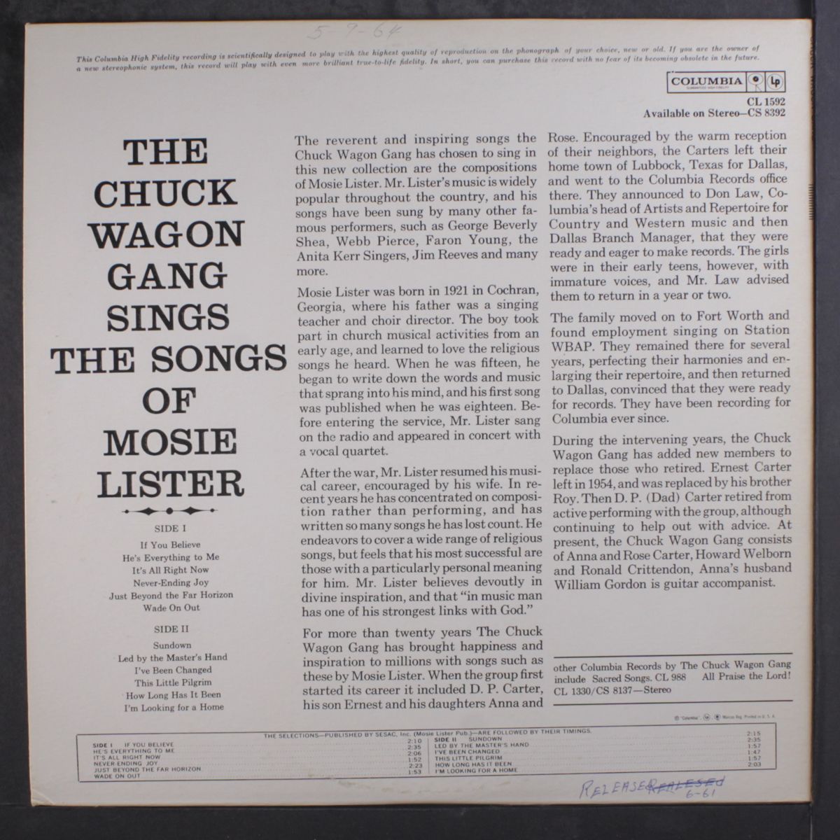 sings the songs of mosie lister by CHUCK WAGON GANG