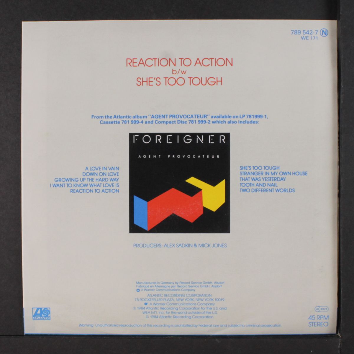 to action / she's too tough by FOREIGNER