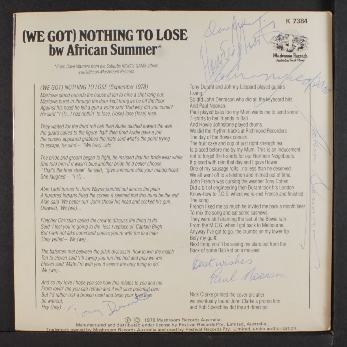 (we got nothing to lose / african summer) by DAVE WARNER'S FROM THE SUBURBS