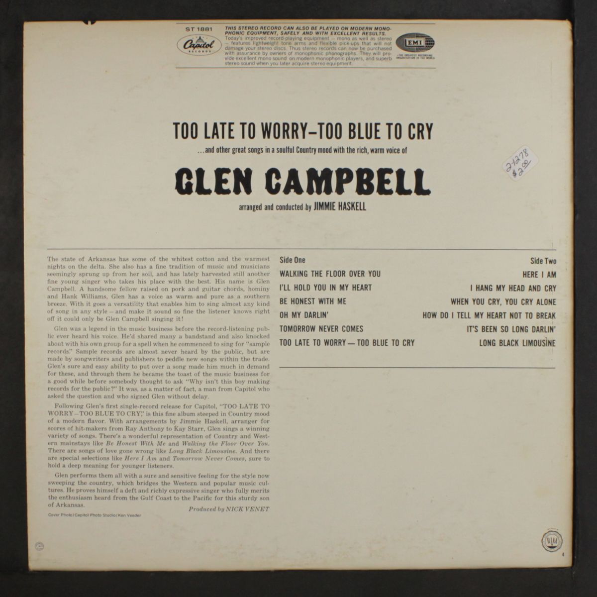 too late to worry - too blue to cry by GLEN CAMPBELL